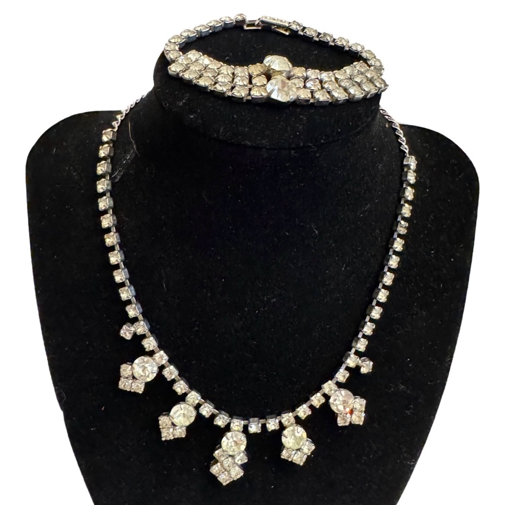 Vintage 1950s Fancy Clear Rhinestone Necklace & Bracelet SET Art Deco Style